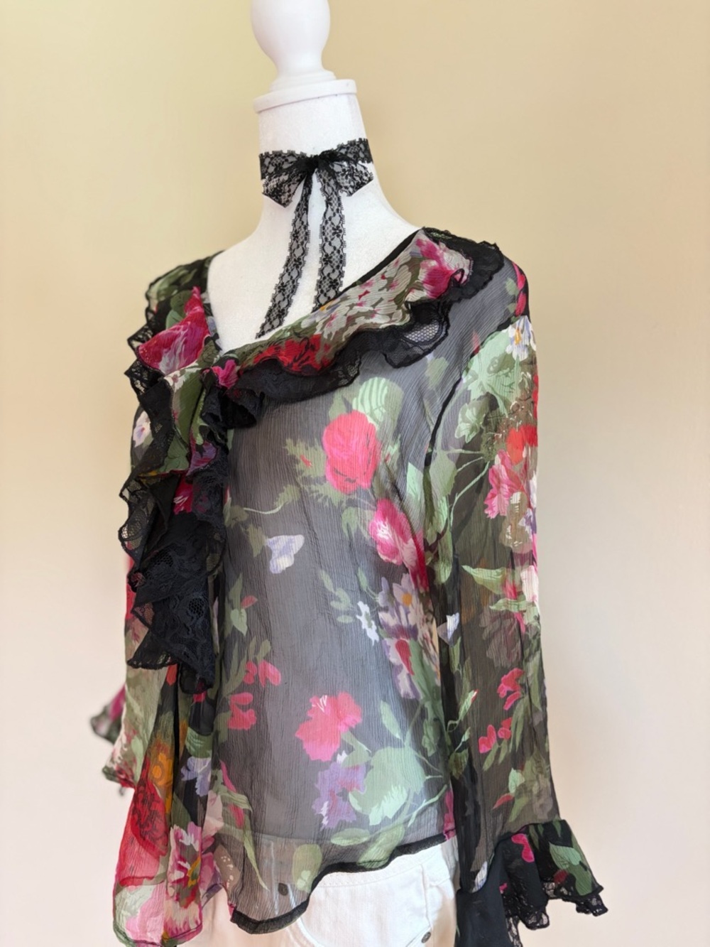 Vintage Y2K silk floral ruffle sheer black lace blouse fairy coquette whimsy M-L - Picture 9 of 12